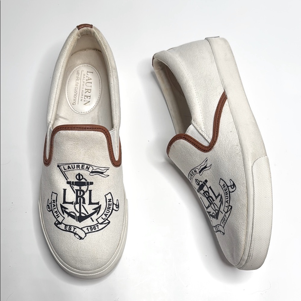 Lauren Ralph Lauren Cream and Brown Slip-On Loafers